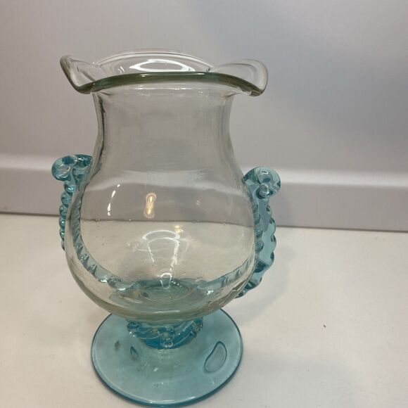 Vintage Hand blown Aqua Blue Glass Pedestal Vase With Applied Waves Handles - Picture 4 of 8